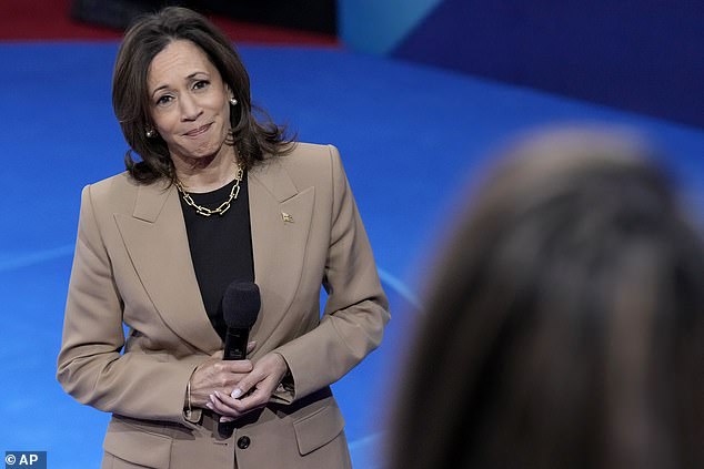 Harris listens to a question from Las Vegas' Ivett Castillo during her town hall hosted by Univision. Castillo revealed that her mother passed away just six weeks ago after being unable to receive the services she needed due to her legal status in the US.