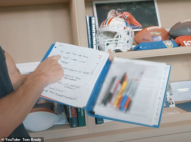 He later showed off his game plan book for the 2018 season — and opened the page to some affirmations he wrote for himself before the Super Bowl vs. the Rams