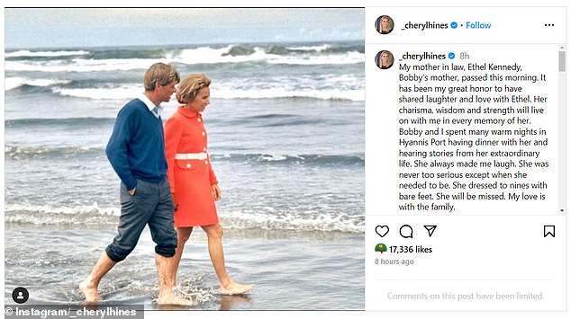 She made no mention of her bitterness toward her husband, but did mention RFK Jr. as she posted a tribute to her mother-in-law Ethel on Thursday