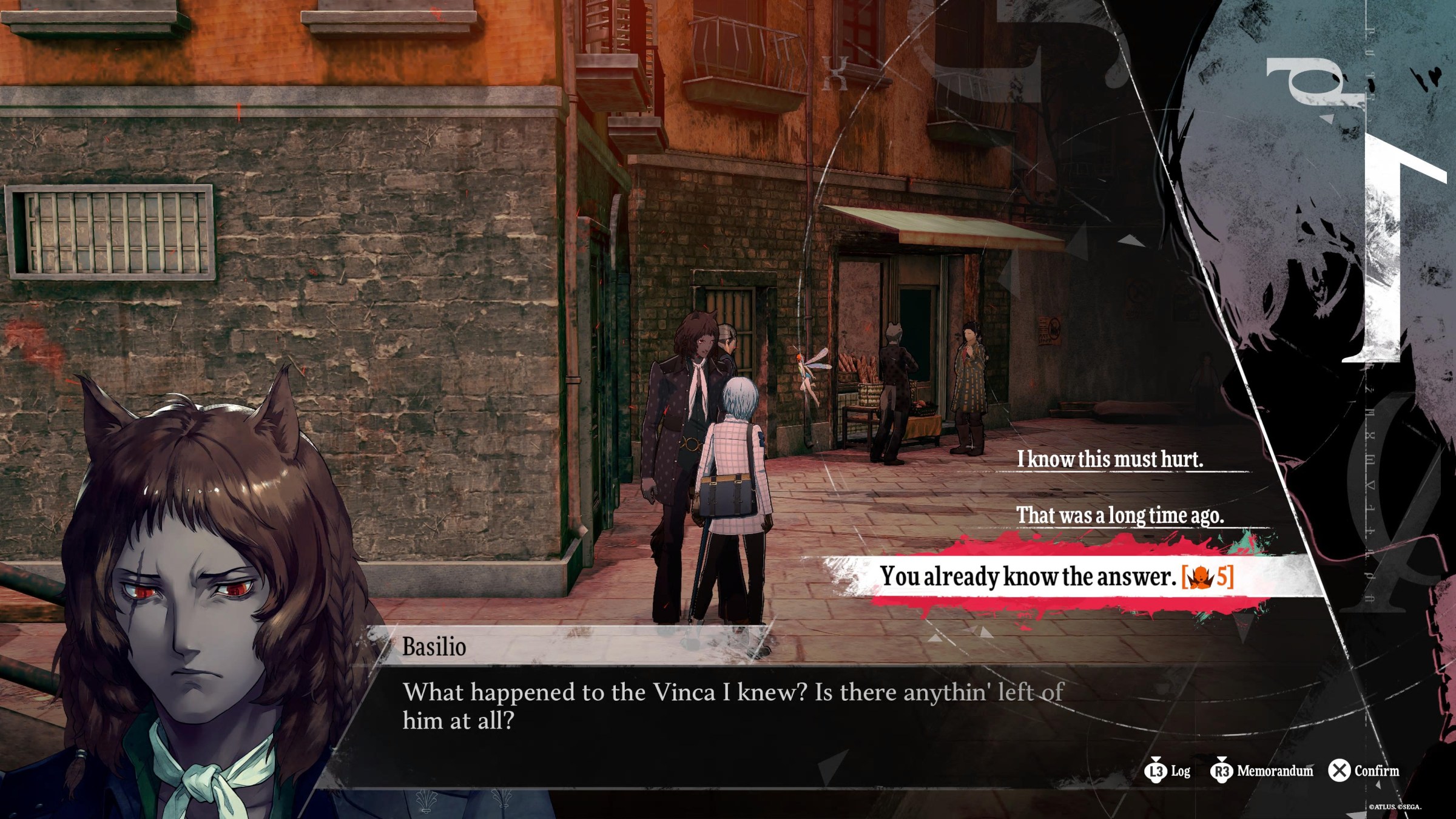 The main character of Metaphor ReFantazio talks to someone on the street with the Eloquence stat