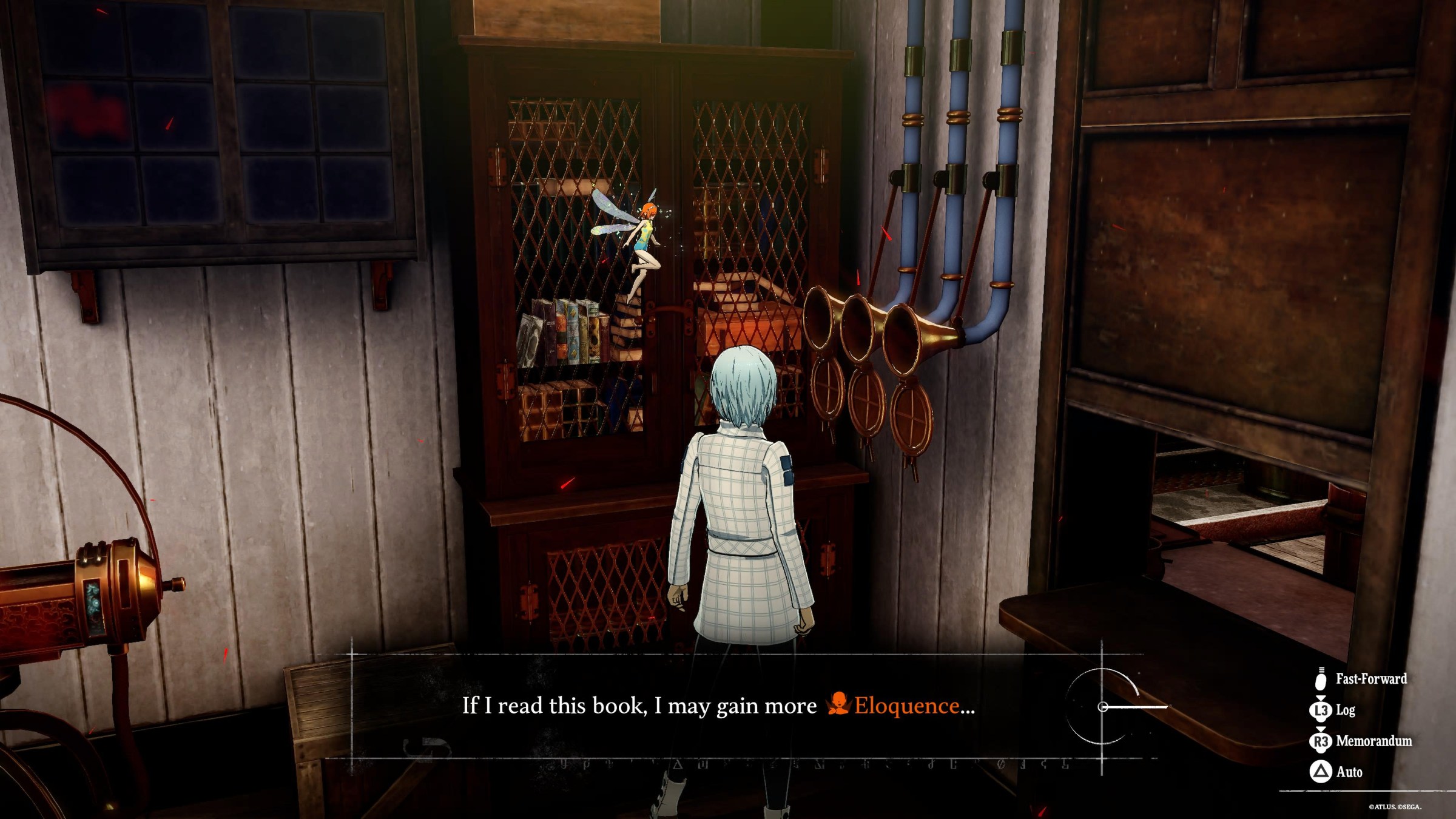 The main character of Metaphor ReFantazio stands next to a bookshelf to gain eloquence