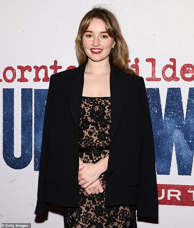 Kaitlyn Dever sizzled in a nude black lace illusion dress worn under a classic black blazer