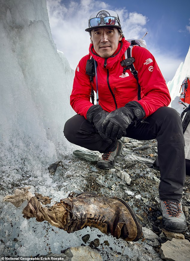 A small team consisting of Oscar-winning director and climber Jimmy Chin and fellow climbers and filmmakers Erich Roepke and Mark Fisher recently made the discovery, National Geographic announced today. Above: Mr Chin with what is believed to be Irvine's remains