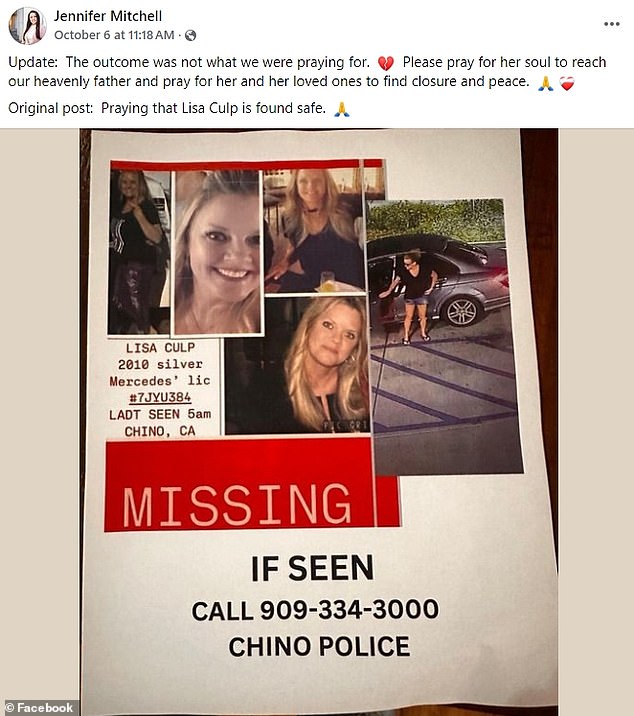 The missing person flyer for Culp was shared on Facebook before her death