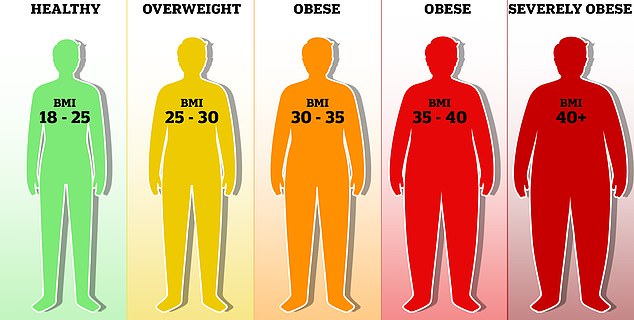 According to the BMI system, a score of 18.5 to 25 is healthy. A score of 25 to 29 counts as overweight, and 30-plus means someone is obese, the stage at which the risk of disease increases dramatically