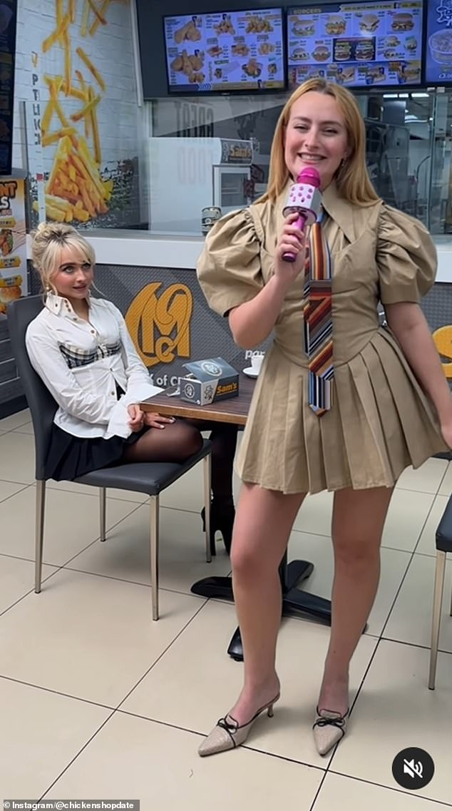 A date with fame: Britain's Amelia Dimoldenberg has been inviting increasingly famous celebrities to chicken shop dates across London over the past decade... and has lured the likes of Cher, Billie Eilish and Paul Mescal to her YouTube show (pictured with Sabrina Carpenter)