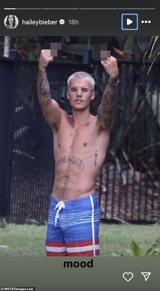 Justin was shirtless and wearing board shorts, as Hailey captioned the playful photo, 