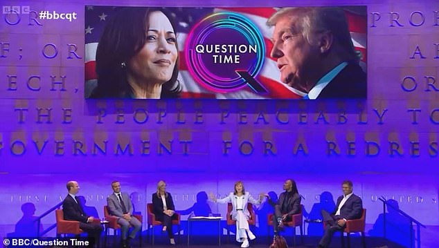 Joining Fiona Bruce (third from right) on the panel were BBC North America correspondent Anthony Zurcher (left), US-based British broadcaster Mehdi Hasan (second from left), Republican Martina White (third from left), Malcolm Kenyatta (second from right) and Bryan Lanza (far right), senior advisor to Donald Trump