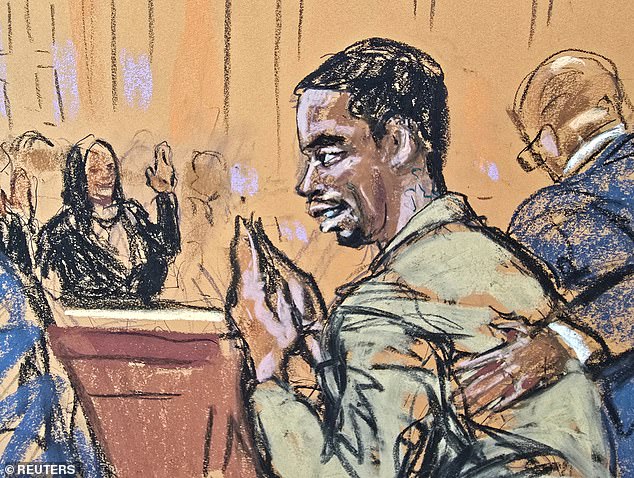 Sean 'Diddy' Combs' bows and waves back at friends and family who wave at him as he attends a hearing in federal court Thursday