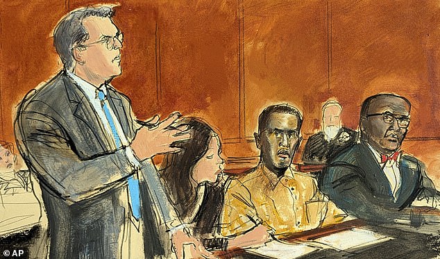 In this courtroom sketch, Sean "Diddy" Combs' attorney Marc Agnifilo, left, addresses the judge as Combs, second from right, in jail uniform, looks on during Thursday's hearing