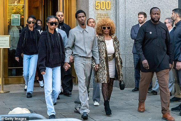 Combs appeared in court on Thursday, surrounded by his family (pictured), where his bail request was rejected for the third time