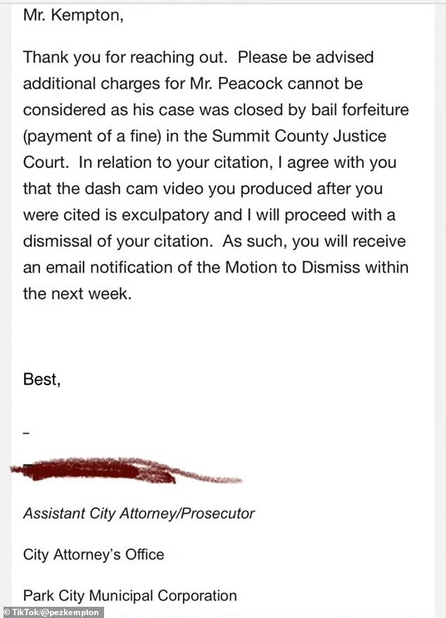 In a follow-up video, Kempton showed an email from Park City Assistant City Attorney Tricia Lake saying his citation would be dismissed.