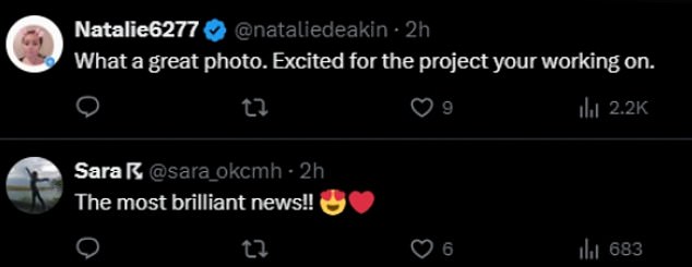 'What a great photo. I'm excited about the project you're working on,” one person said, while another social media user added: “The most brilliant news!!”