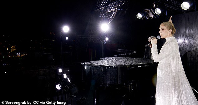 Celine Dion performs on the Eiffel Tower during the opening ceremony of the Paris 2024 Olympic Games