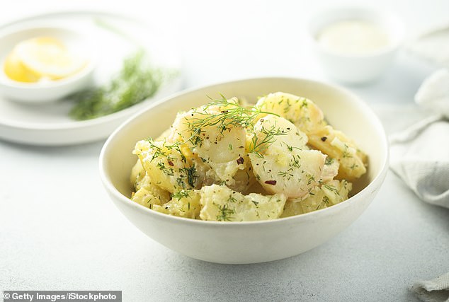 Potato salad can contain a large amount of fat, calories and sodium. It also poses a risk of cholesterol increases or heart disease