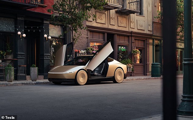 The futuristic design includes butterfly-wing doors that open vertically to reveal a small cabin with two seats