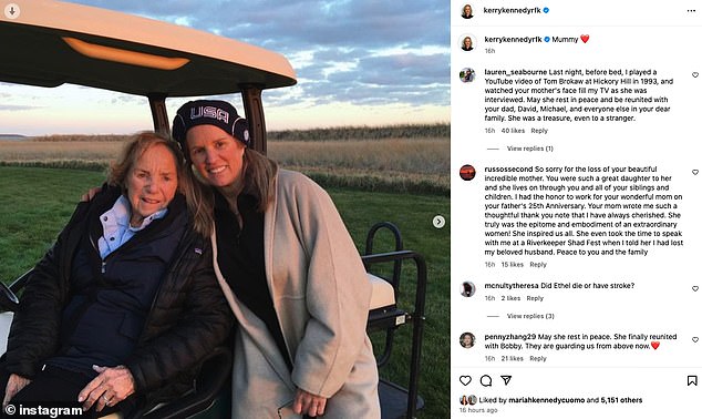 Ethel's daughter Kerry, 65, posted a photo of herself with her mother sitting on a golf cart and simply captioned it, 