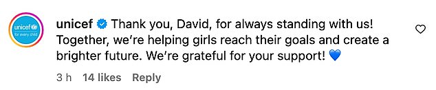 The charity responsible for providing humanitarian and development assistance to children around the world responded to David's post and thanked him for his support