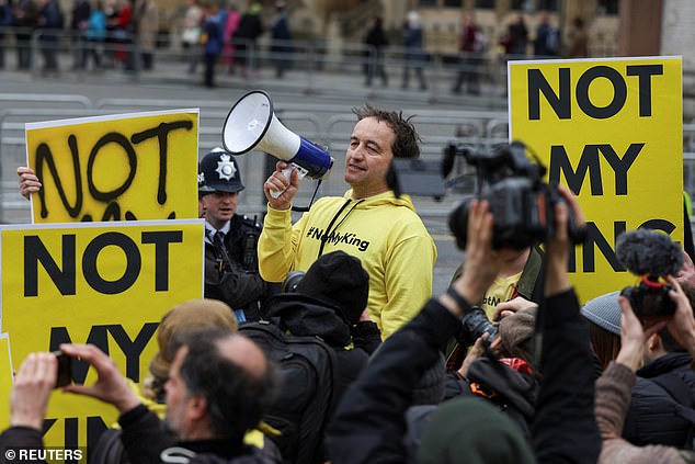 Graham Smith speaks at an anti-monarchy protest ahead of the Commonwealth Service on March 13 last year