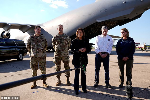 The Democratic presidential candidate traveled to North Carolina in Helene's wake, where she stood in front of a C-17 plane flanked by military personnel to pledge continued federal support for the victims.