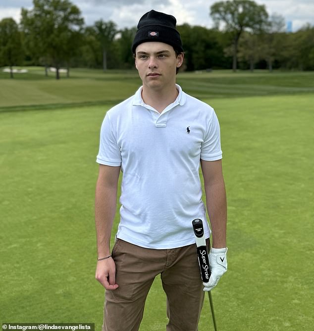 In one photo, Augustin was seen posing on a golf course while wearing a white polo shirt and khaki pants