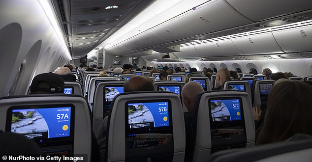 The September 26 flight had to make an emergency landing at Chicago O'Hare International Airport, where United has a large maintenance base. Pictured: The interior of United Airlines' Boeing 787 Dreamliner aircraft.