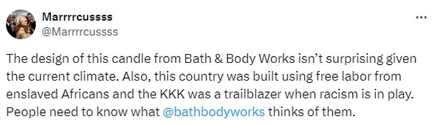 One person tweeted: 'Bath & Body Works removing that candle was a necessary step. How did that design even end up on the shelves?'