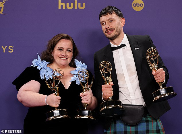 Actress Jessica Gunning, who plays 'Martha' in the show, and Richard Gadd, who plays himself, pose with their Emmy Awards in California earlier this year