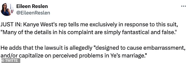 The rep further stated that the lawsuit — which also accuses West of nitrous oxide abuse — is 