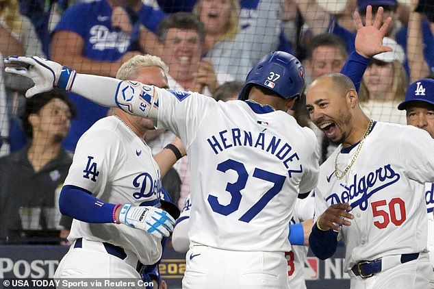 Outfielder Teoscar Hernandez (37) of Los Angeles Dodgers celebrates a home run