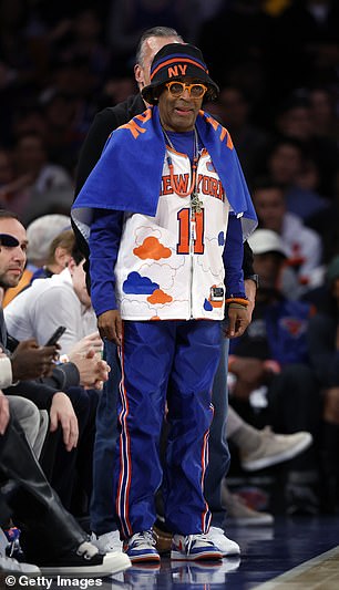 Film director Spike Lee looks on during the game between the New York Knicks and the Philadelphia 76ers in Game Two of the Eastern Conference First Round Playoffs at Madison Square Garden on April 22, 2024