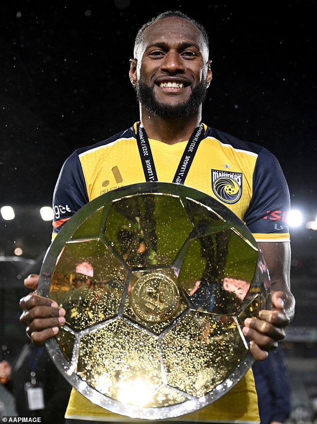 Peil announced his decision on Saturday – less than a week after the start of the 2024/25 A-League season (Photo: Mariners defender Brian Kaltak with the Premiers Plate earlier this year)