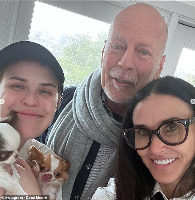 Demi Moore has urged the families of people with dementia to 'let them go' after the diagnosis of her ex-husband Bruce (photo with daughter Tallulah)