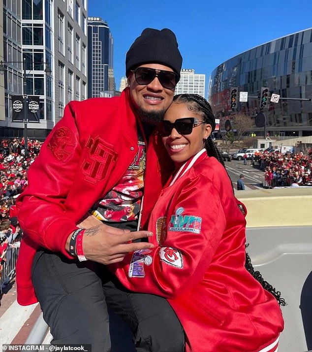 Thornton-Cook is seen at the Super Bowl parade in Kansas City with her husband Bryan Cook