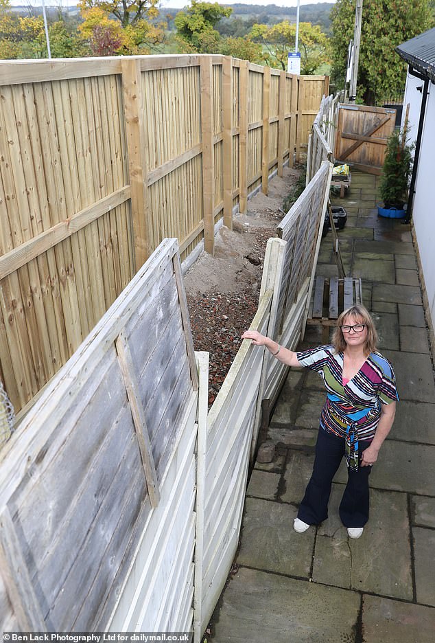 Rachel (pictured) and husband Peter, 70, believe a 15-foot ditch in front of a water treatment tank less than two feet from their boundary caused their concrete retaining wall to slip and crack