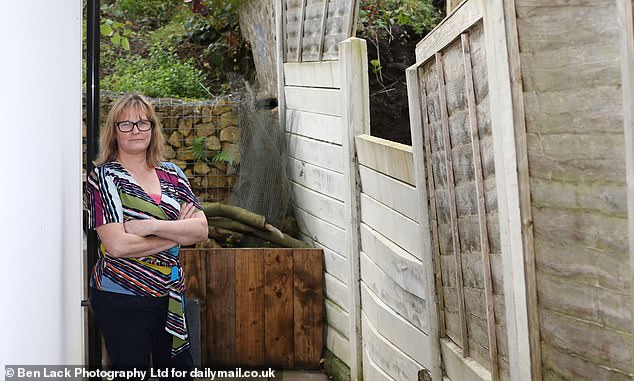 Mrs Laidler (pictured next to her damaged fence said defiantly 'we're not Nimby's about this'