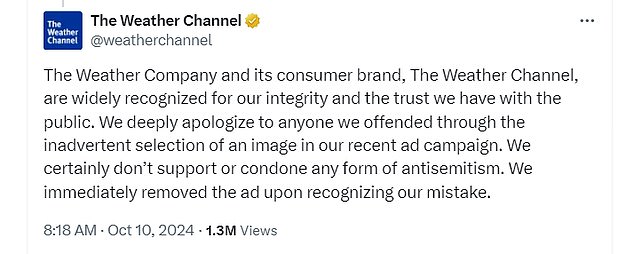 The Weather Channel apologized for the ad, saying it 