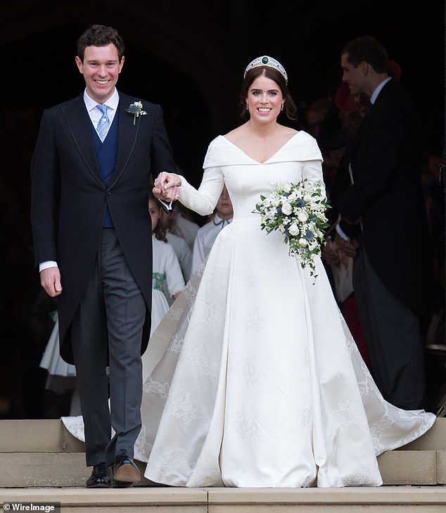 The Bride and Groom: Jack Brooksbank and Eugenie leave the chapel after the wedding ceremony