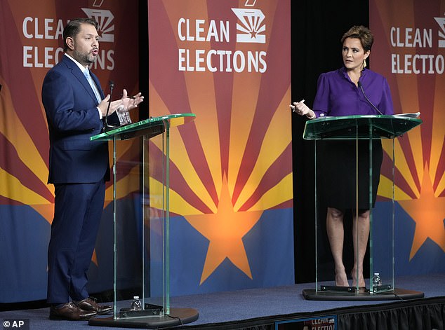 Democrat Ruben Gallego (left) and Republican Kari Lake (right) participate in the Senate debate in Arizona on October 9, 2024