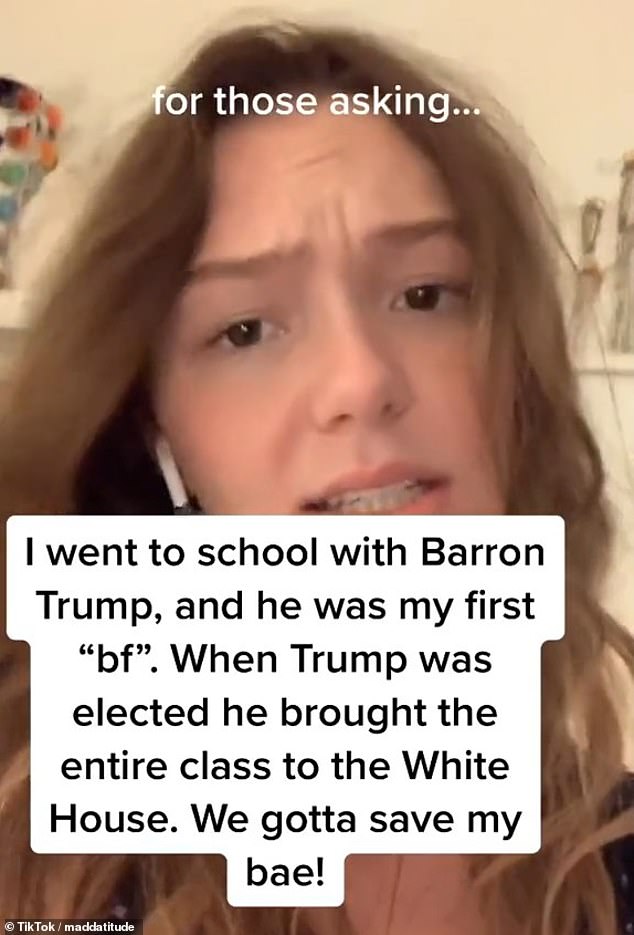 “For those asking, I went to school with Barron Trump, and he was my first boyfriend. When Trump was elected, he brought the entire class to the White House. We gotta save my bae!' she exclaimed