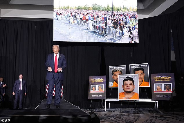 Trump spoke next to mugshots of migrants taken by Aurora police