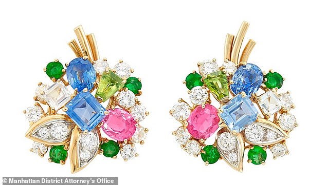 The Manhattan District Attorney's Office accused Gray of stealing seven items, including a pair of gold, sapphire, emerald and diamond clip-on earrings (pictured)