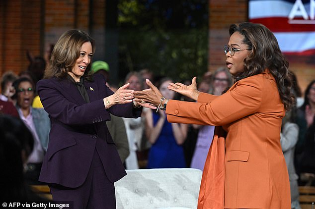 Kamala Harris with Oprah Winfrey during a 'Unite for America' live streaming rally in Farmington Hills, Michigan