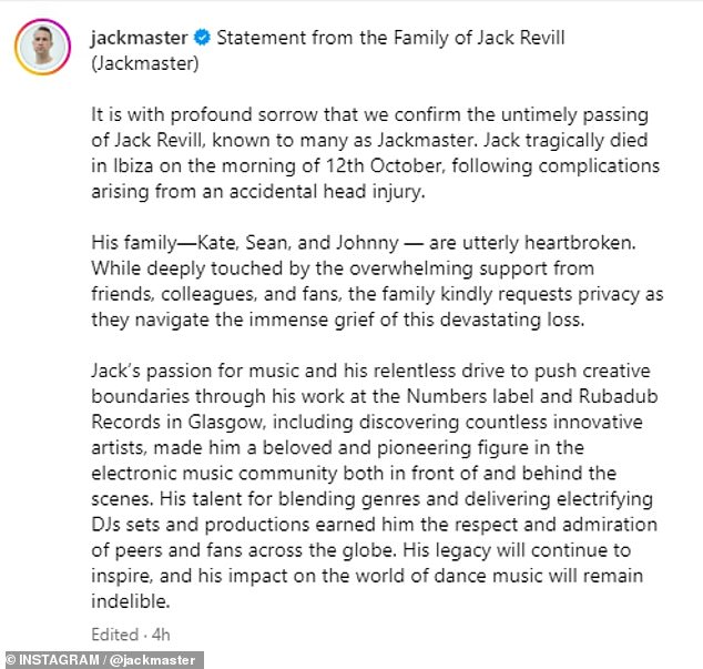 On Saturday, October 12, the Scottish musician's family announced that he had tragically passed away that morning in Ibiza, Spain