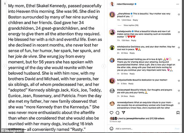 Kennedy posted a tribute to his late mother, saying, “I appreciate her for all my virtues. I am grateful for her generosity in overlooking my mistakes.”