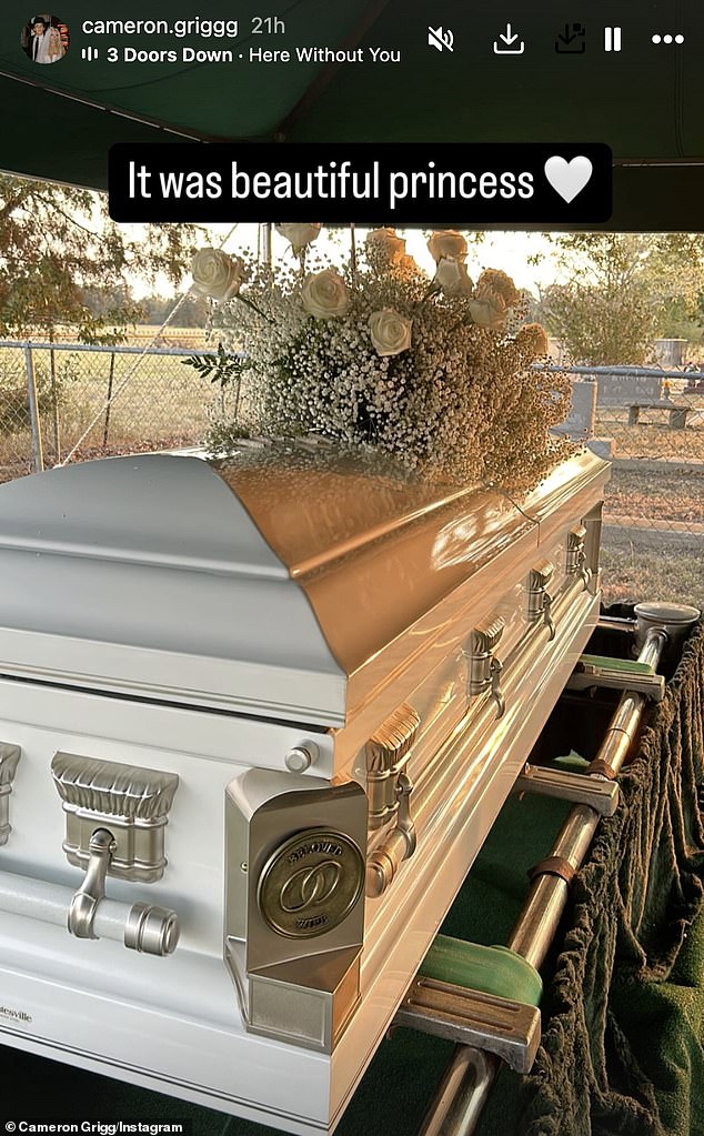 Her husband, Cameron Grigg, shared a photo of her closed casket from the funeral service to his Instagram Stories, telling her 