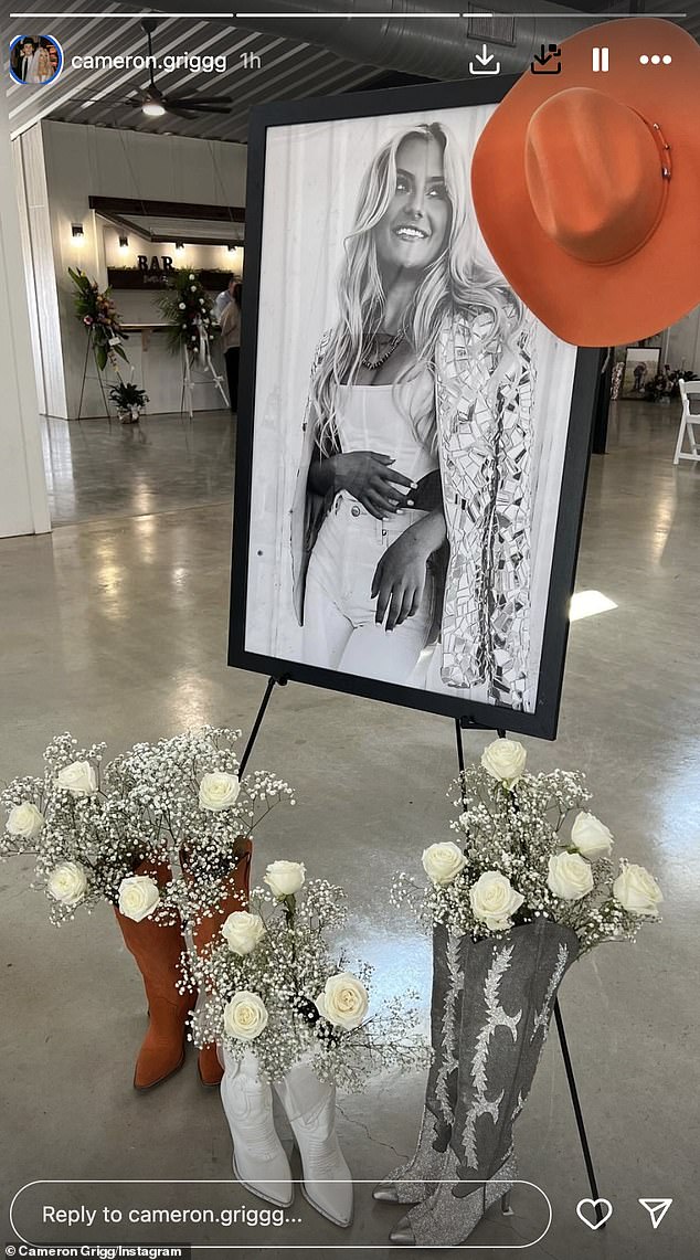 Another photo featured a black and white portrait of the influencer surrounded by three pairs of Western-style boots that acted as vases and were filled with white roses and baby's breath.