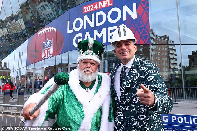 Jet fans enjoy the pregame atmosphere at Tottenham Hotspur Stadium on October 6