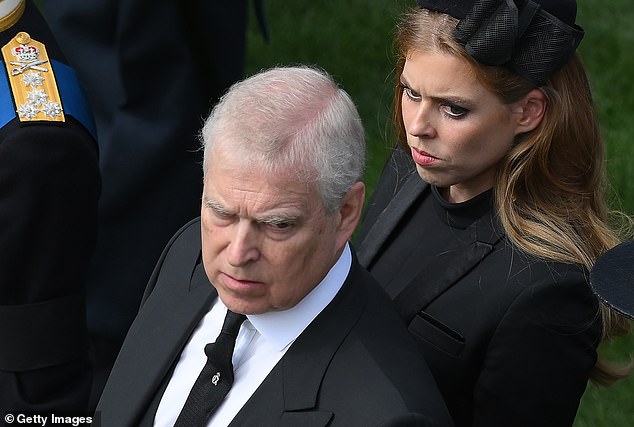 Andrew and his daughter, Princess Beatrice, at the Queen's funeral in 2022