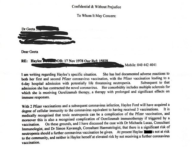 Despite receiving a letter from a neurology professor saying she had a life-threatening vaccine reaction, Mrs Horton was told she still needed a third jab to resume feeding